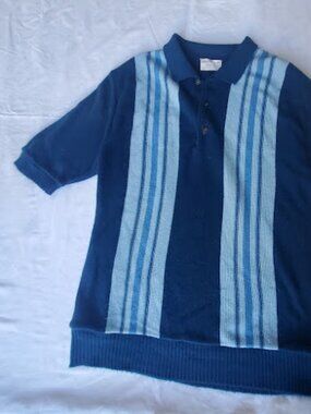 Sears Vintage 1960 Men's Short Sleeve Sweater Size M Blue Collar Stripes Buttons